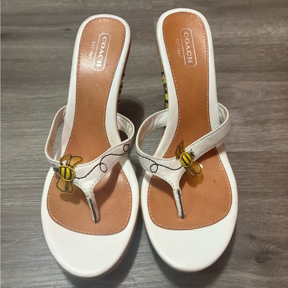 Coach White Bee Embroidered Sandals